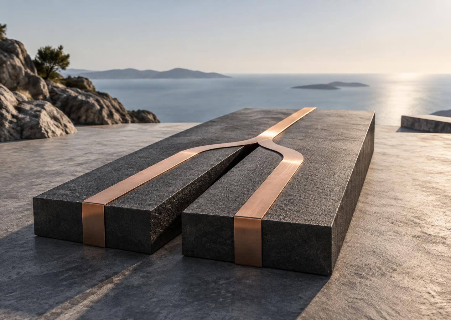Two copper paths join into one shared direction on a dark stone foundation.