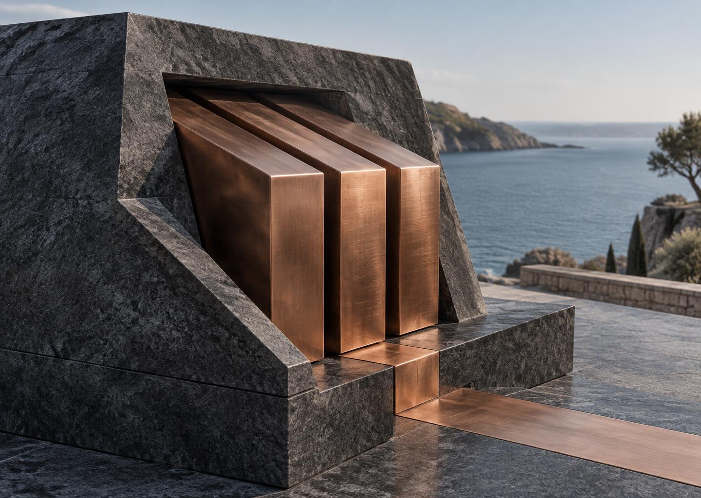 Three copper elements are protected within a stone foundation and connected to an accessible path.