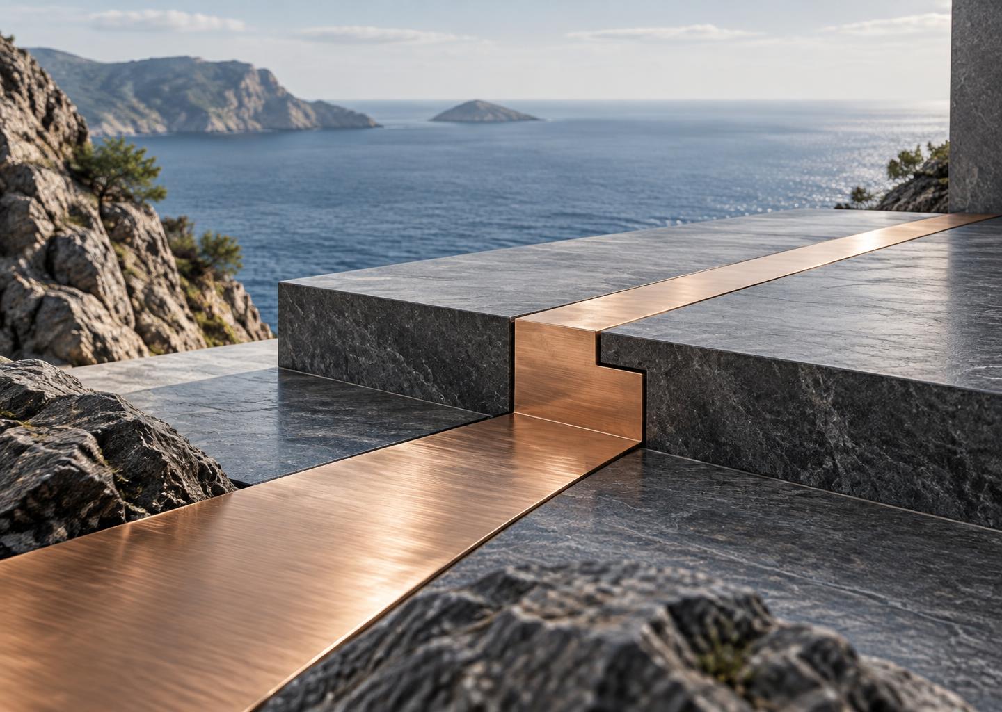 Two precisely joined stone surfaces form a complete foundation with a continuous copper path.