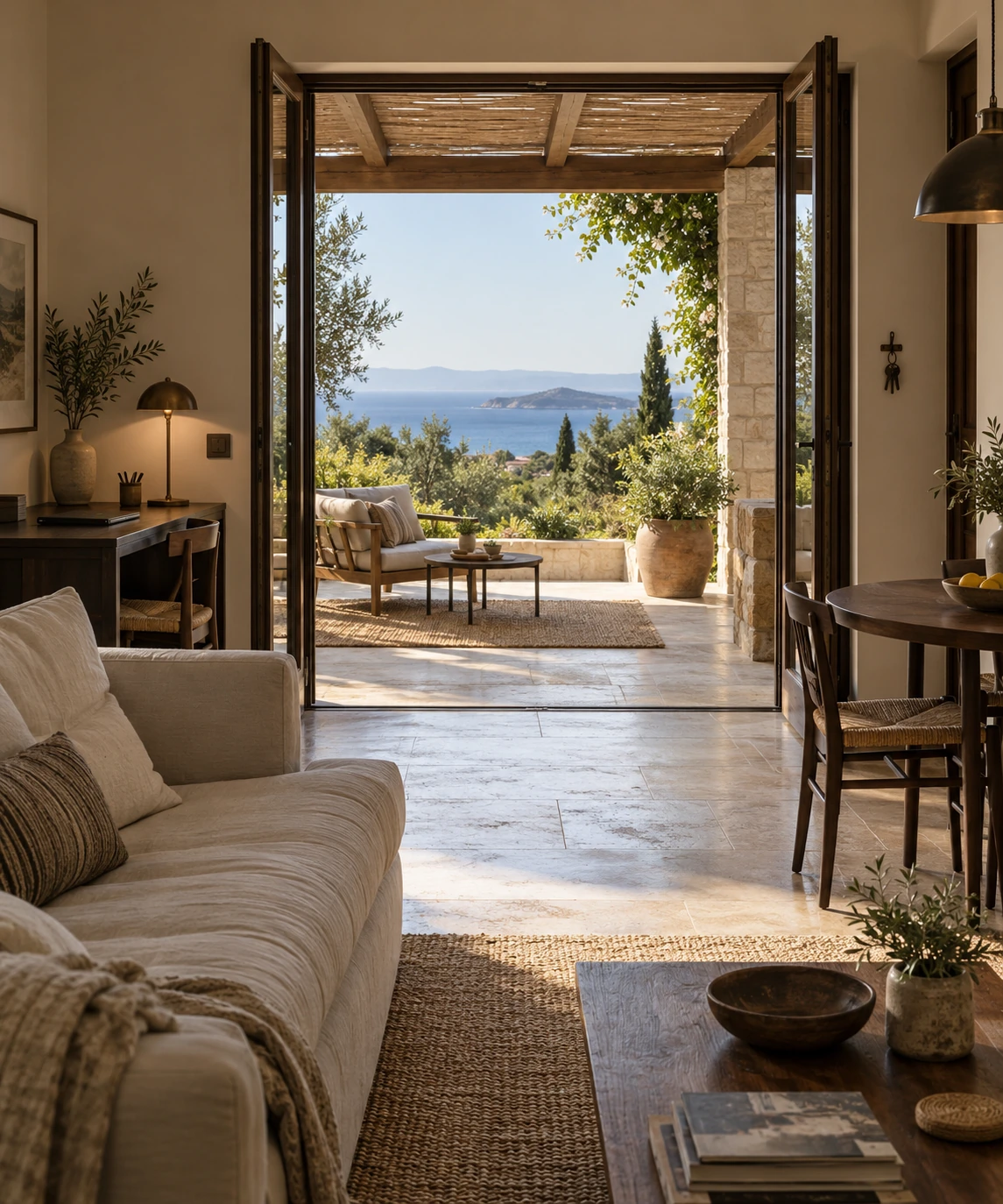 A furnished living and working space opening onto a shaded terrace, illustrating a prepared second base.