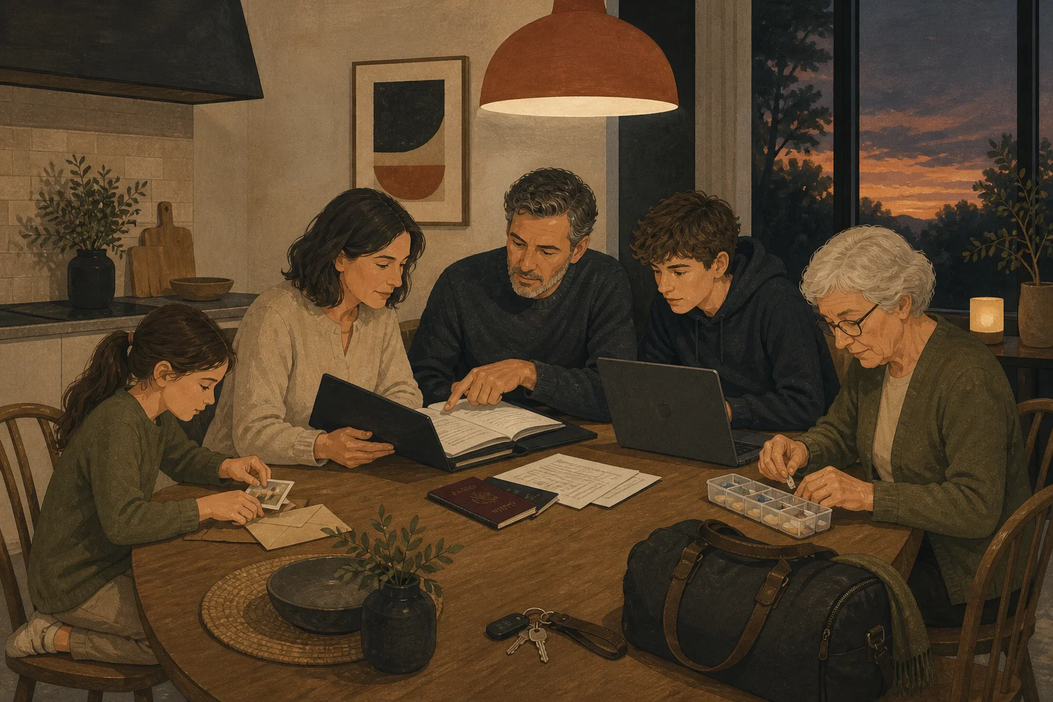 Illustration: The Whitfield family checks a document folder, passports and medication at the kitchen table.
