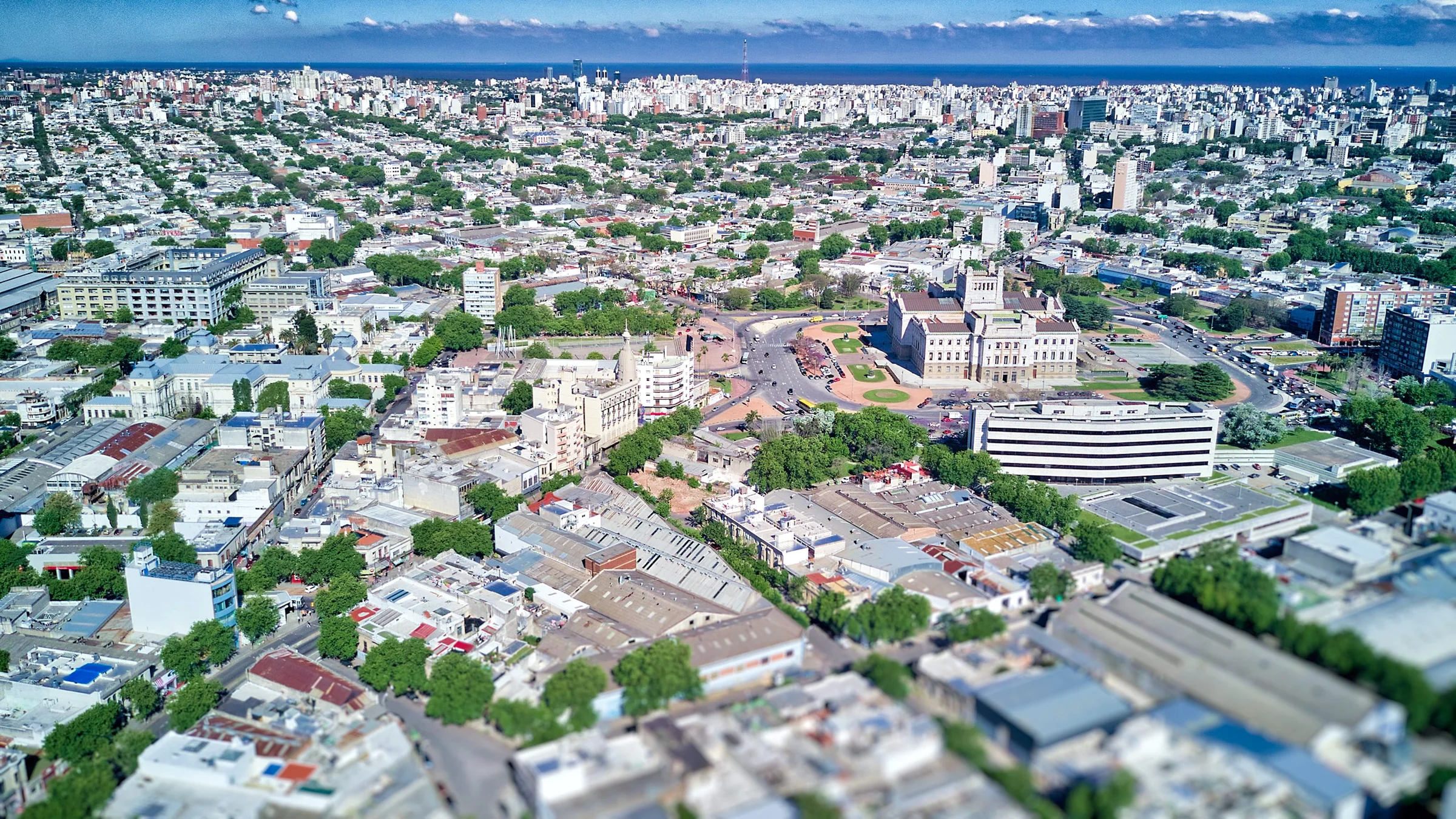An aerial view of Montevideo, its residential districts and the coast beyond