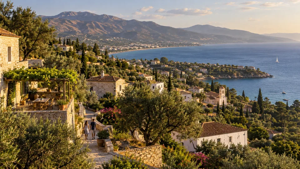 AI illustration: city and landscape inspired by Greece