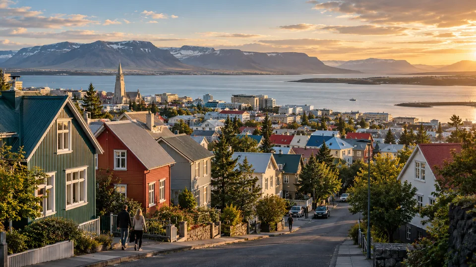 AI illustration: city and landscape inspired by Iceland