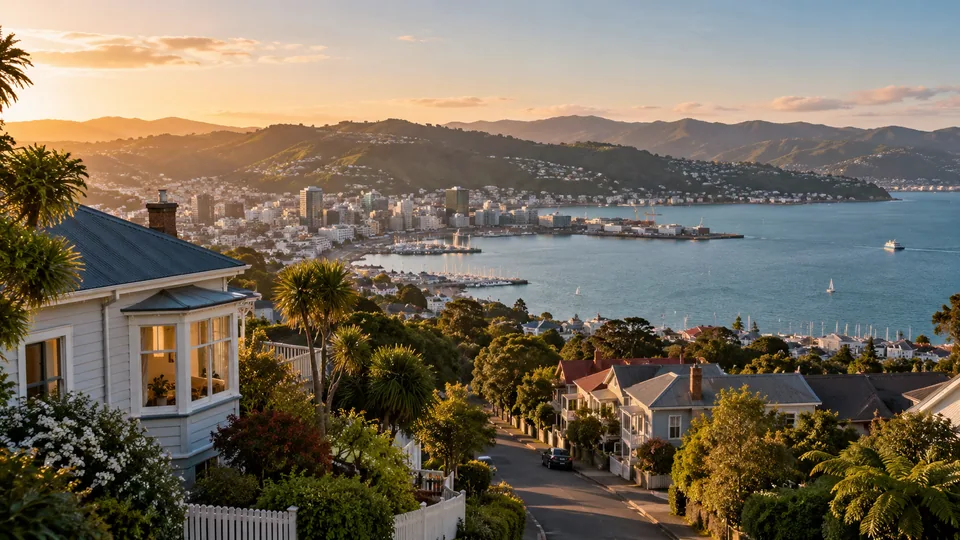 AI illustration: city and landscape inspired by New Zealand