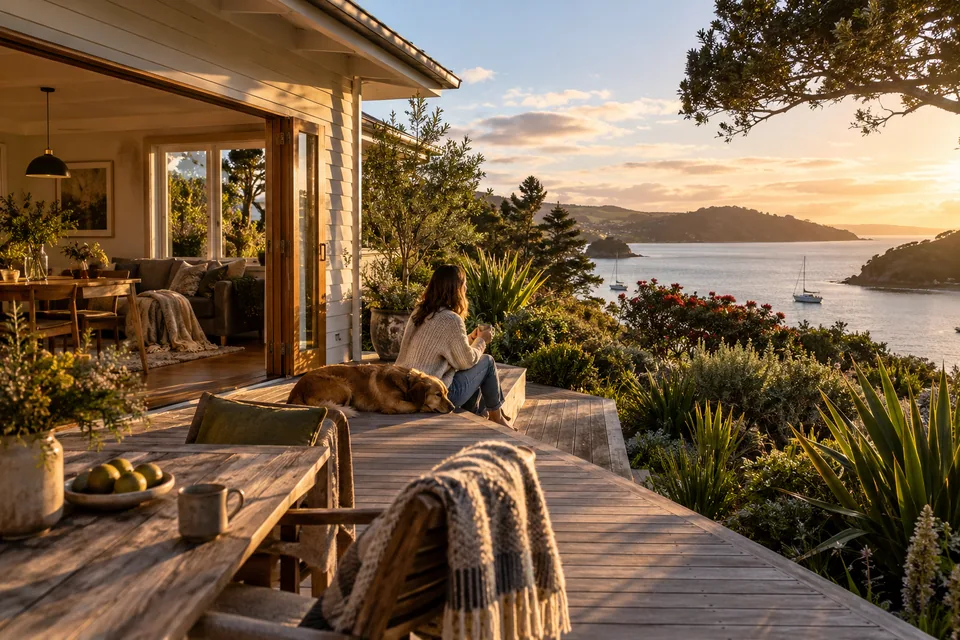 AI illustration: home concept inspired by New Zealand, not a real property listing