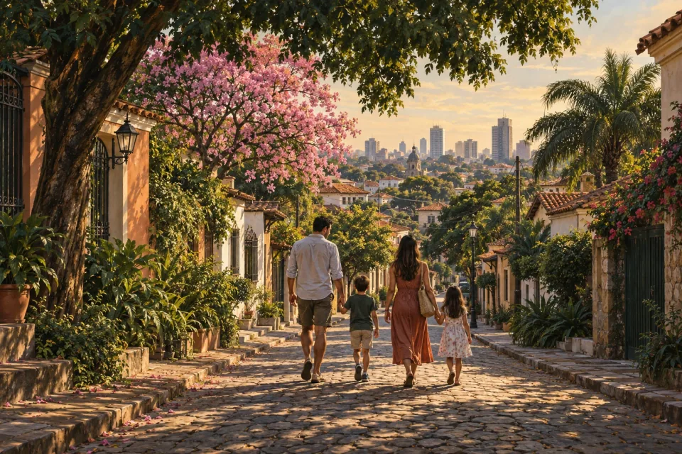 AI illustration: a family in a residential neighbourhood inspired by Asunción