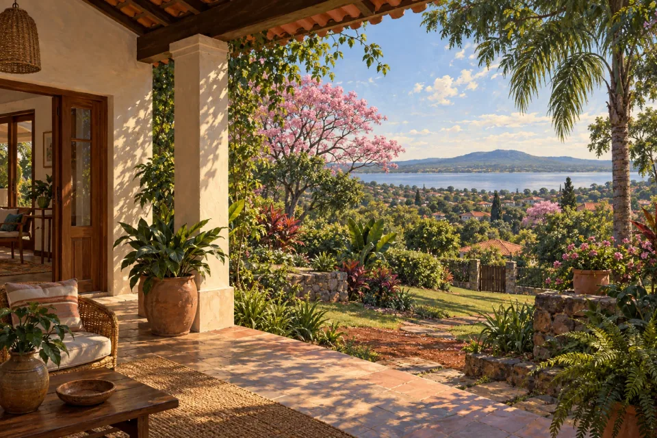 AI illustration: a home concept near Lake Ypacaraí in Paraguay, not a real property listing