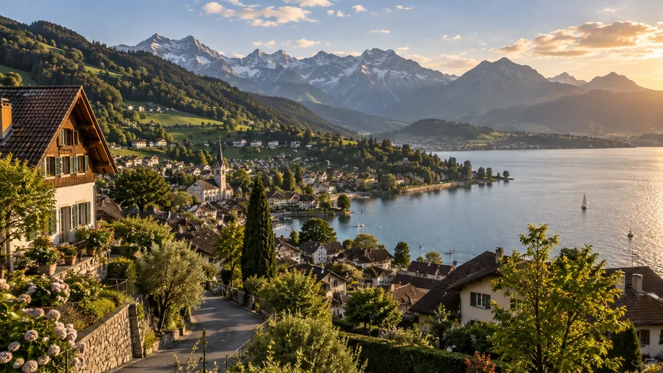 AI illustration: city and landscape inspired by Switzerland