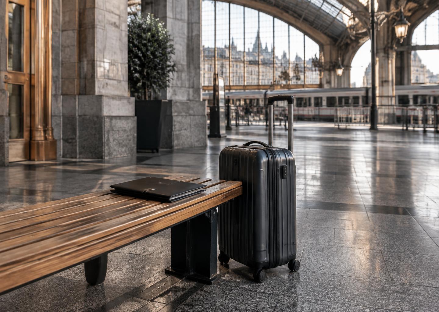 A suitcase and document folder in a railway station.