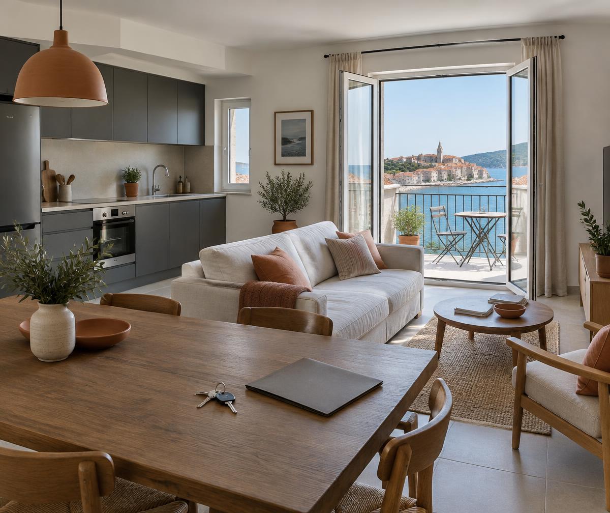 A furnished apartment with a kitchen, living area and keys ready for arrival.
