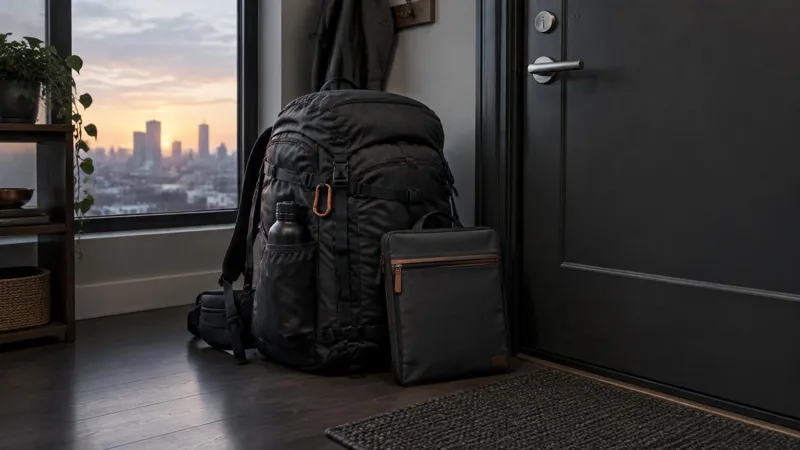 A packed backpack and a document pouch ready by the apartment door.