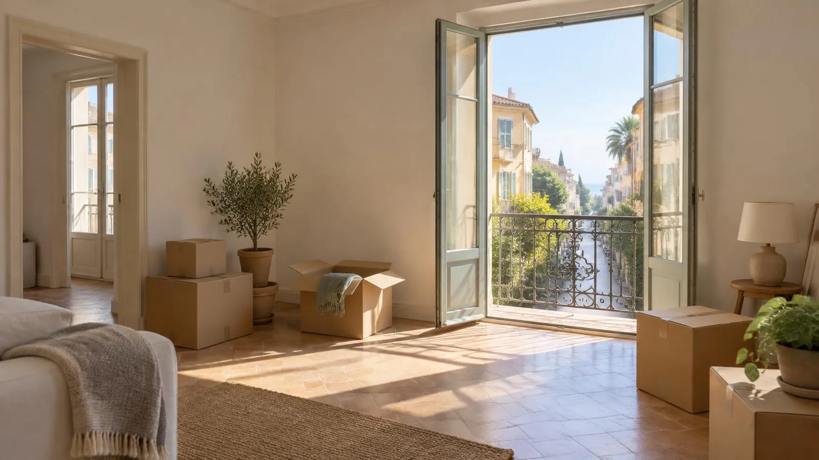 A bright new apartment with moving boxes and an open balcony door.