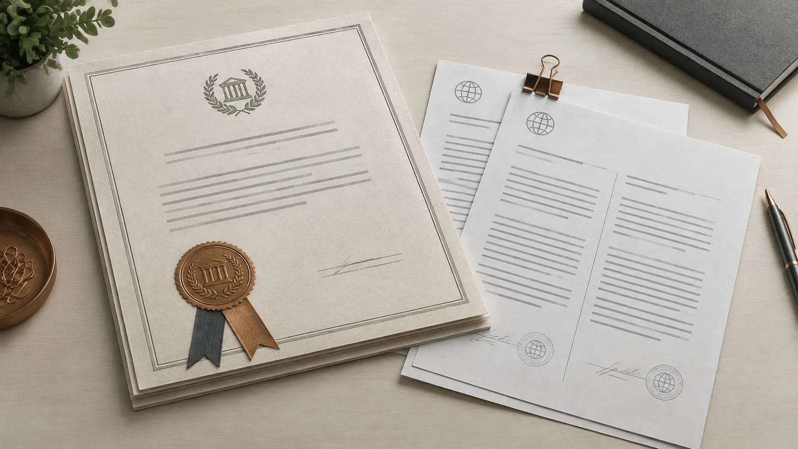 Certificates with a seal and ribbon beside clipped translations.