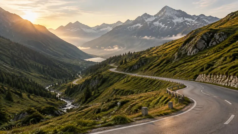 An alpine pass road in Austria in the morning.