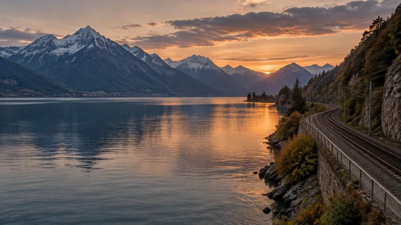 A Swiss lake with a lakeside railway at dusk.