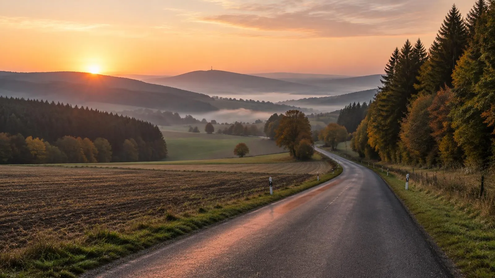 Eine Landstraße durch deutsche Felder und Wälder bei Sonnenaufgang.