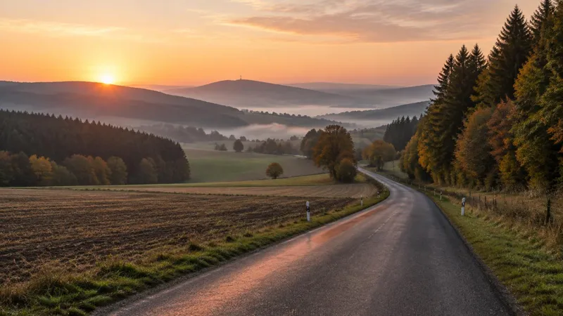 A country road through German fields and forest at sunrise.