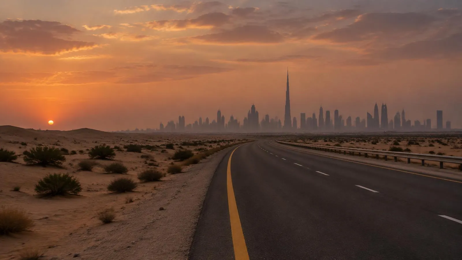 A desert road with the Dubai skyline on the horizon.