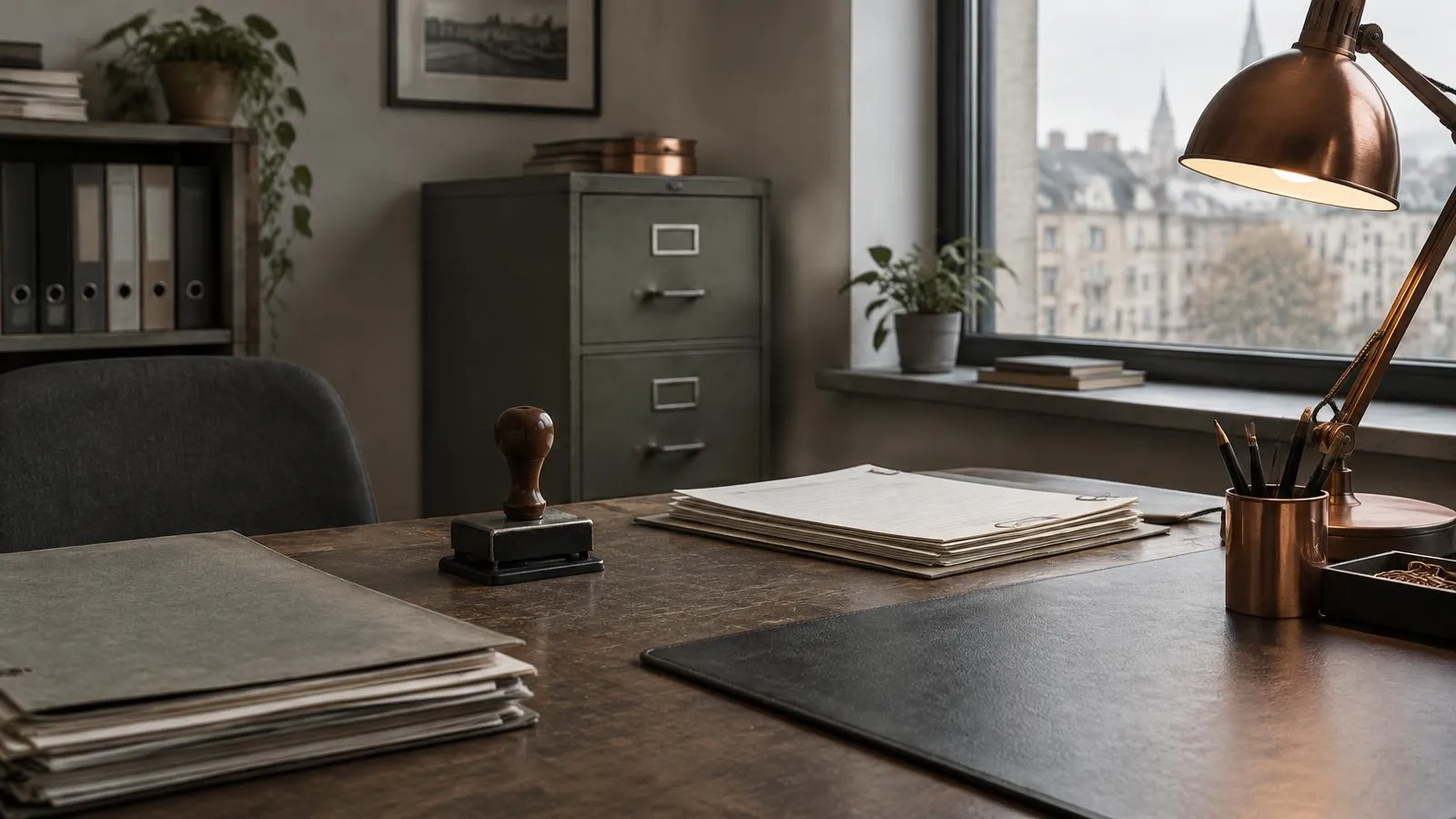 A small office with a company stamp and registry papers.