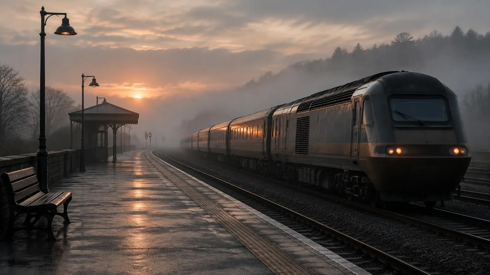 Ein leerer Bahnsteig mit wartendem Zug in der Morgendämmerung.