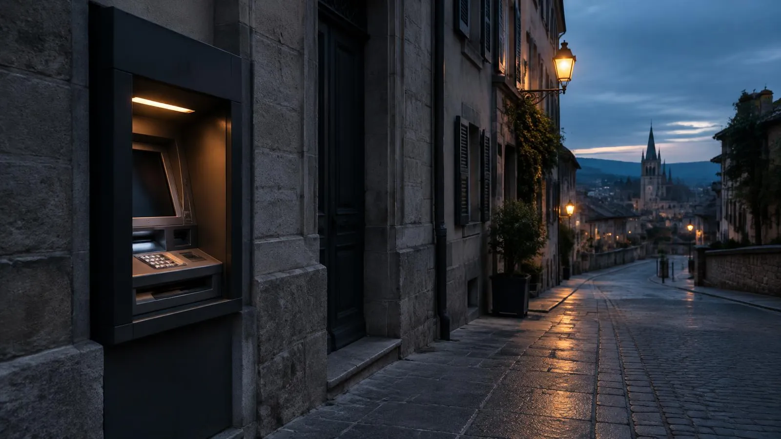 A cash machine in a quiet street at blue hour.