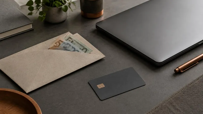 A payment card, an envelope with cash and a closed laptop on a desk.