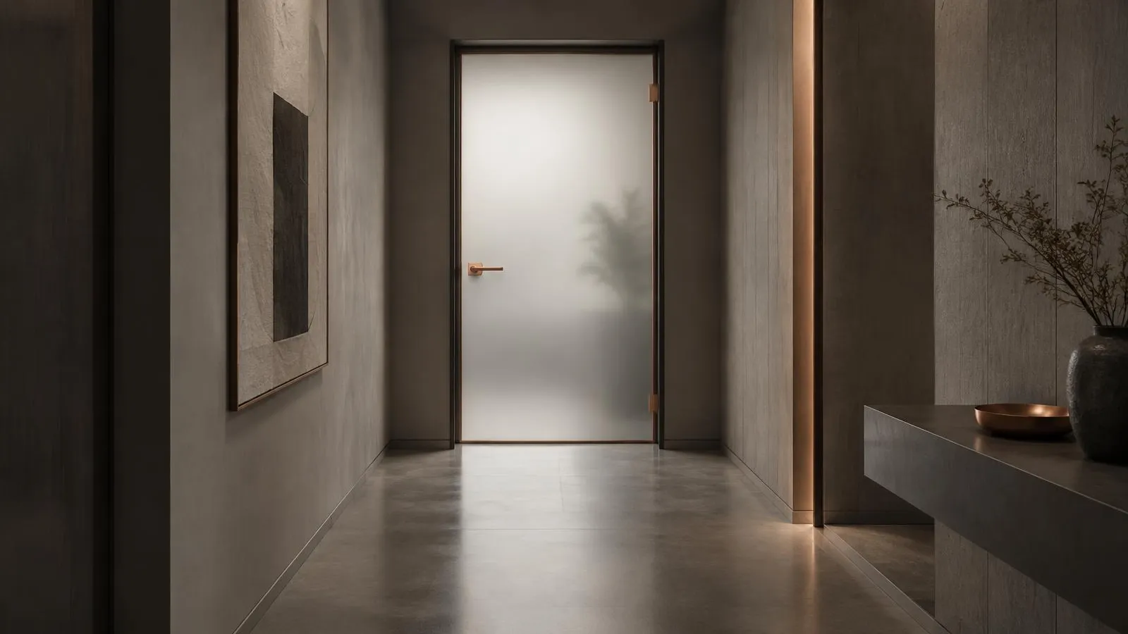 A closed frosted glass door at the end of a quiet corridor.