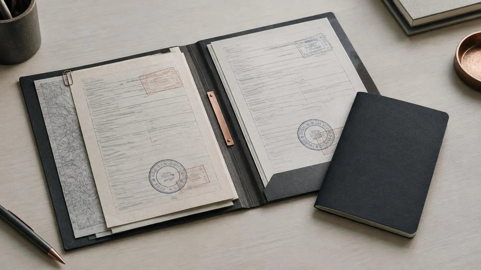 An open folder with stamped forms beside a plain passport-style booklet.