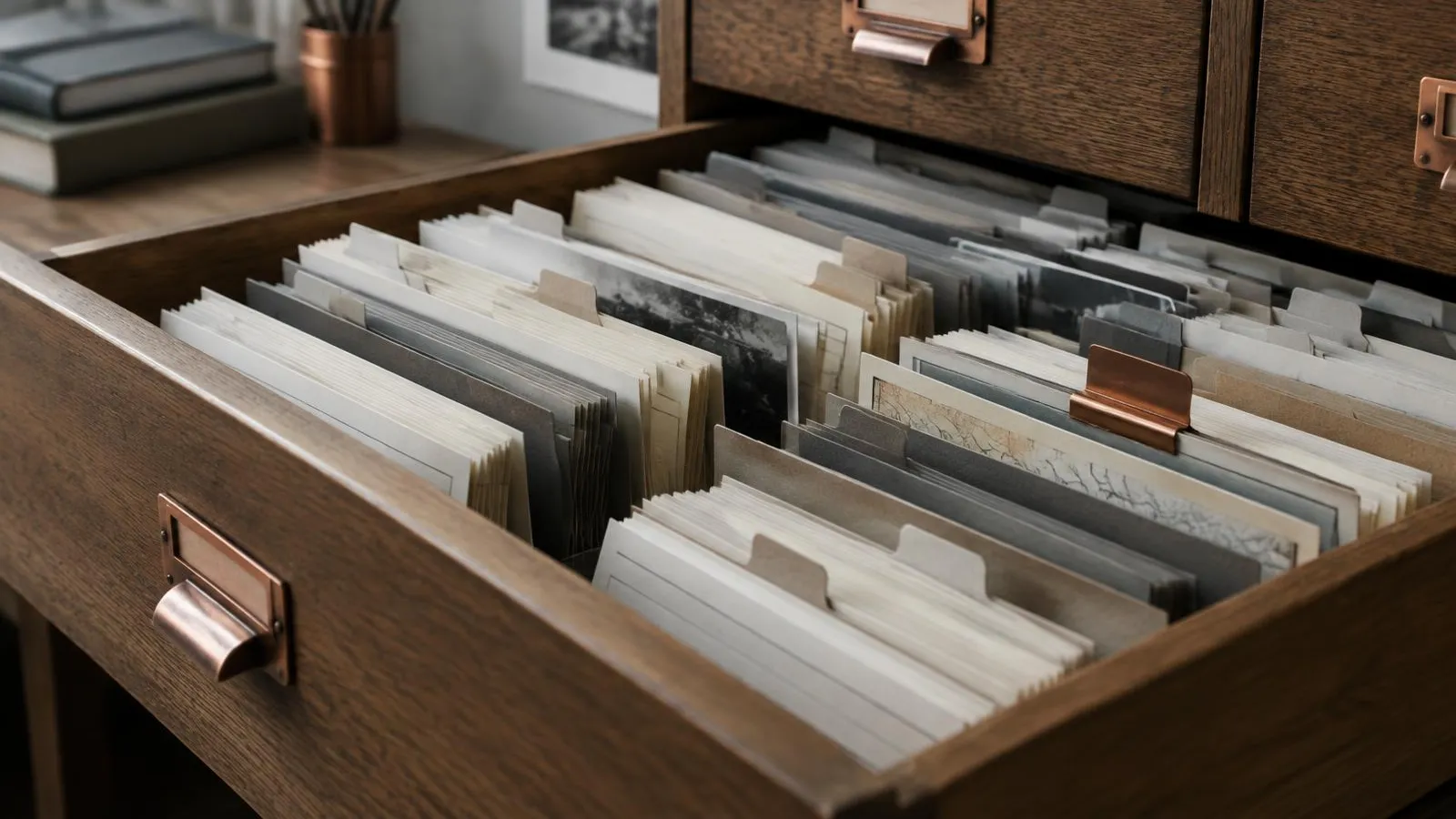 An open archive drawer with index tabs.