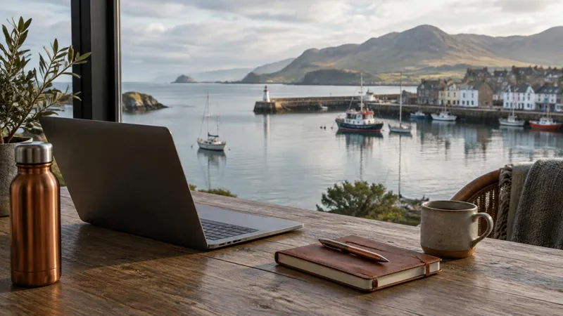 A laptop by a window overlooking a harbour.