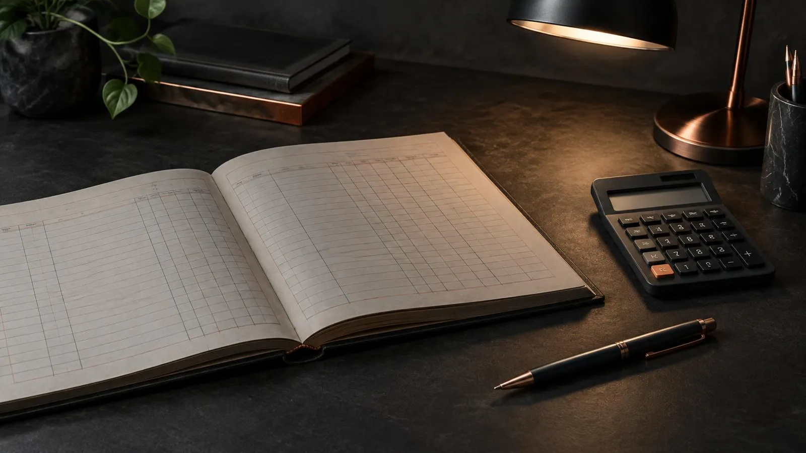 An open ledger and a calculator under a lamp.