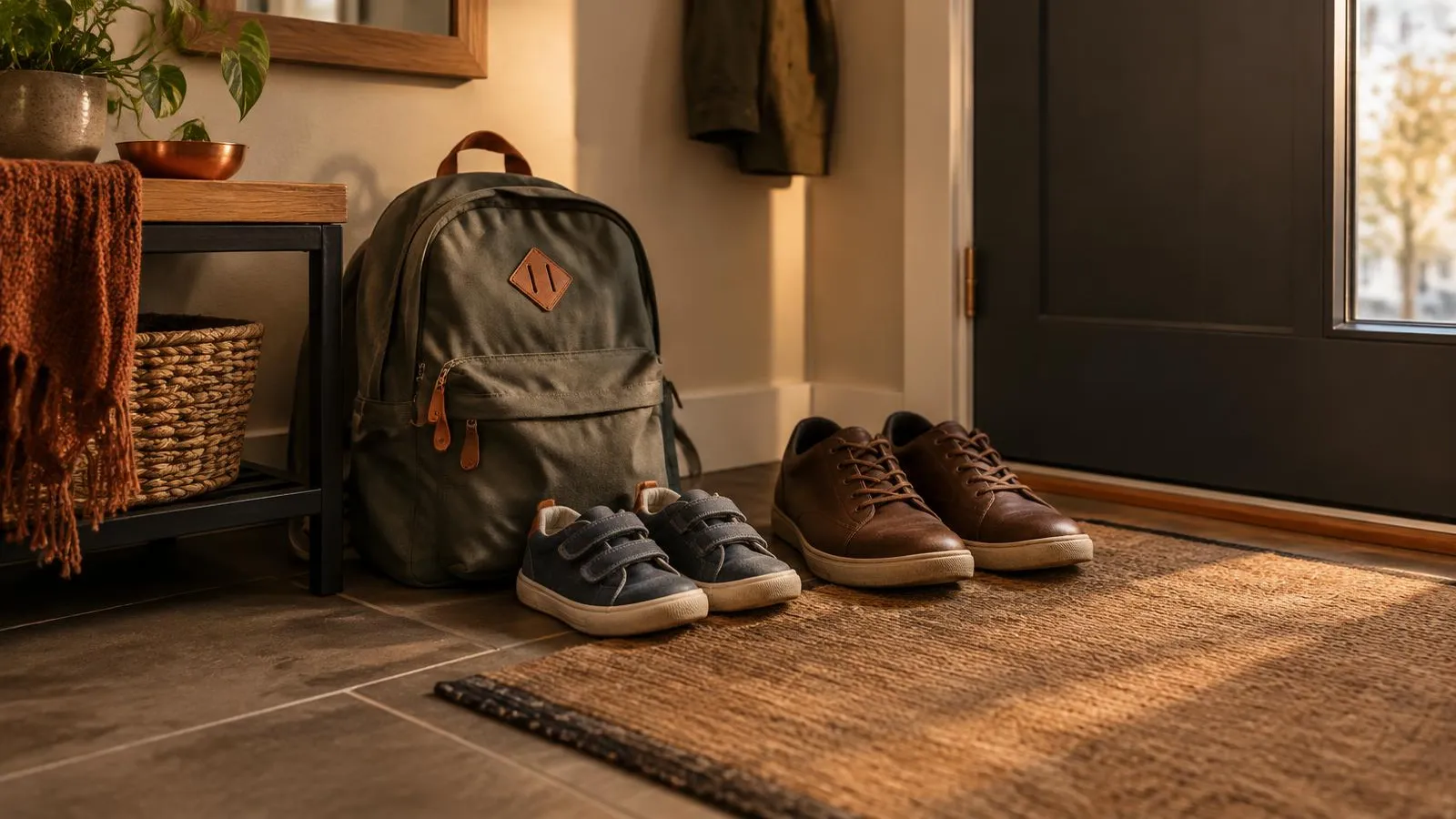 Children's shoes and a school backpack beside adult shoes at the entrance.