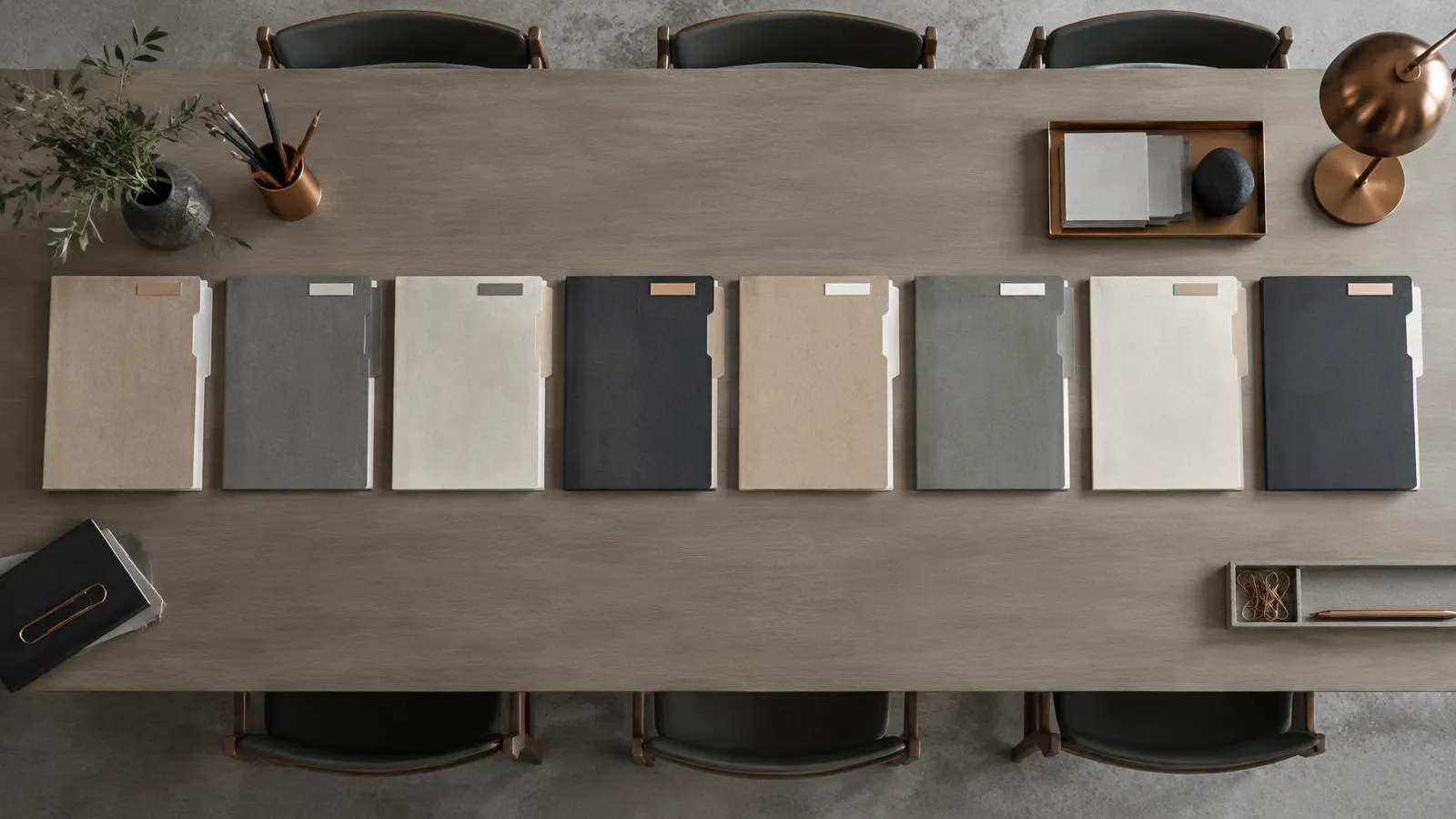 A row of ordered folders on a long table, seen from above.