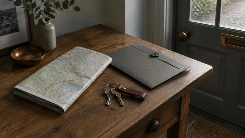 A folded map, a document wallet and keys on a table by the front door.
