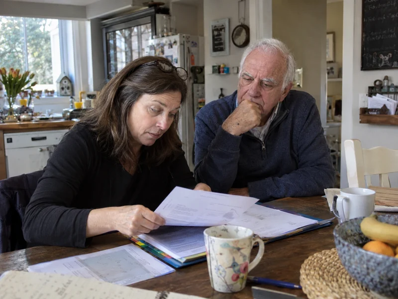 Two people work through documents together at a kitchen table.