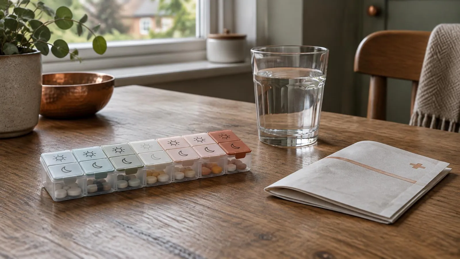 A pill organiser, a glass of water and a prescription on a kitchen table.