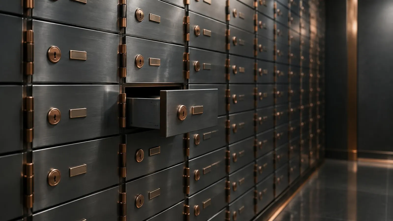 Safe deposit boxes in a quiet vault, one slightly open.