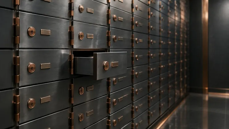 Safe deposit boxes in a quiet vault, one slightly open.