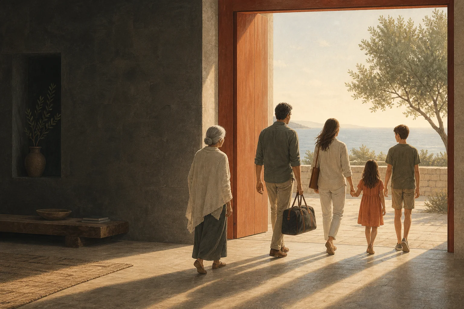 Illustration: A family walks through an open door onto a seaside terrace, carrying a travel bag and a document folder.