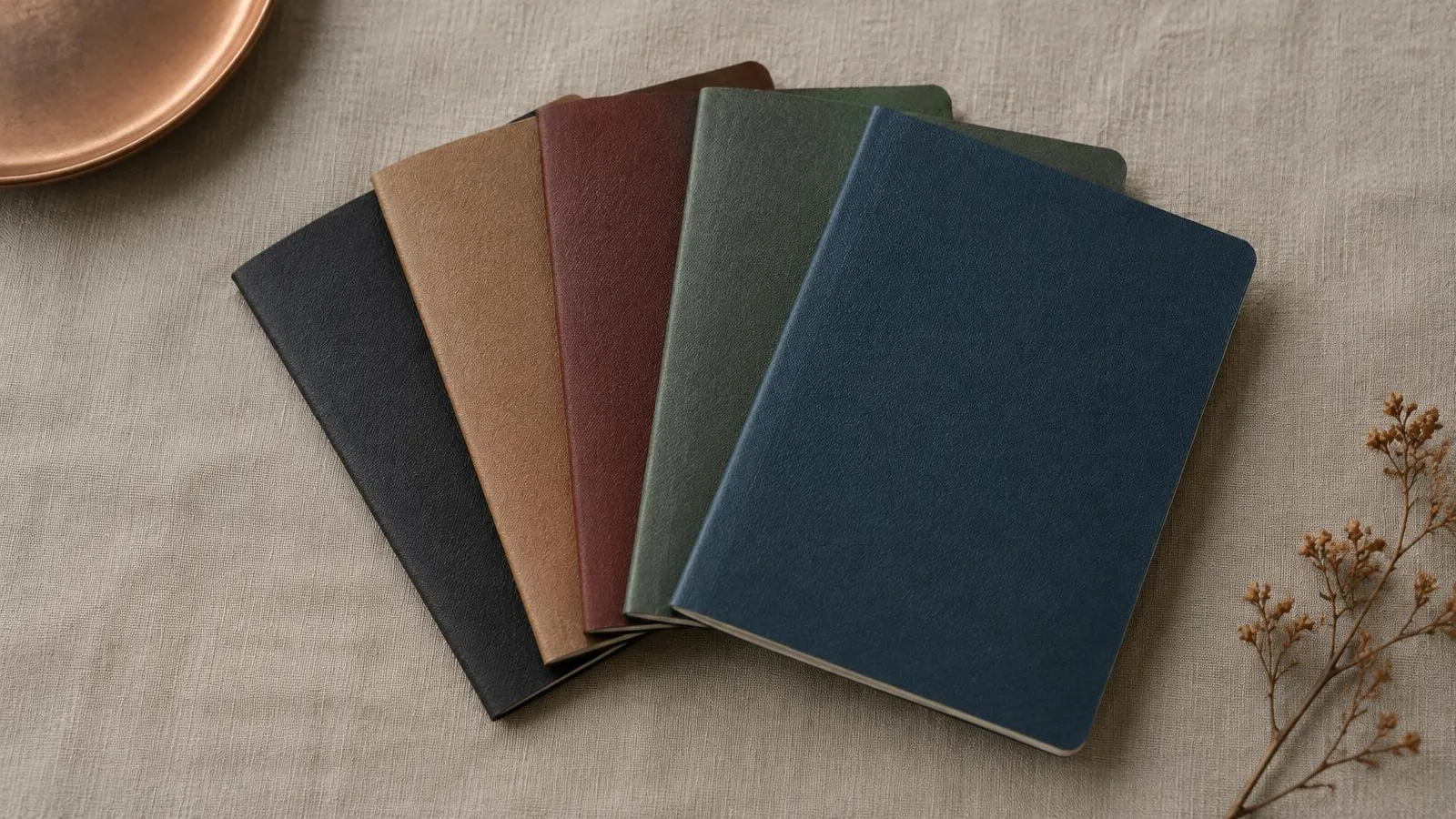 Several passport-style booklets in different colours, without emblems.