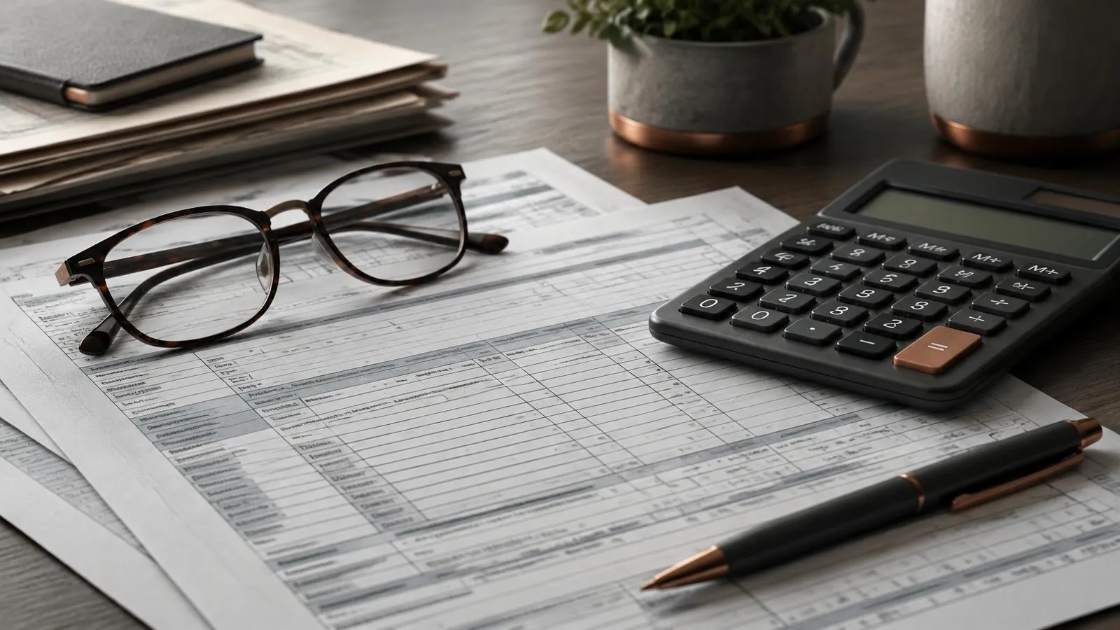 Tax forms, a calculator and reading glasses on a desk.