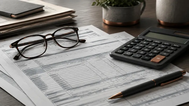 Tax forms, a calculator and reading glasses on a desk.