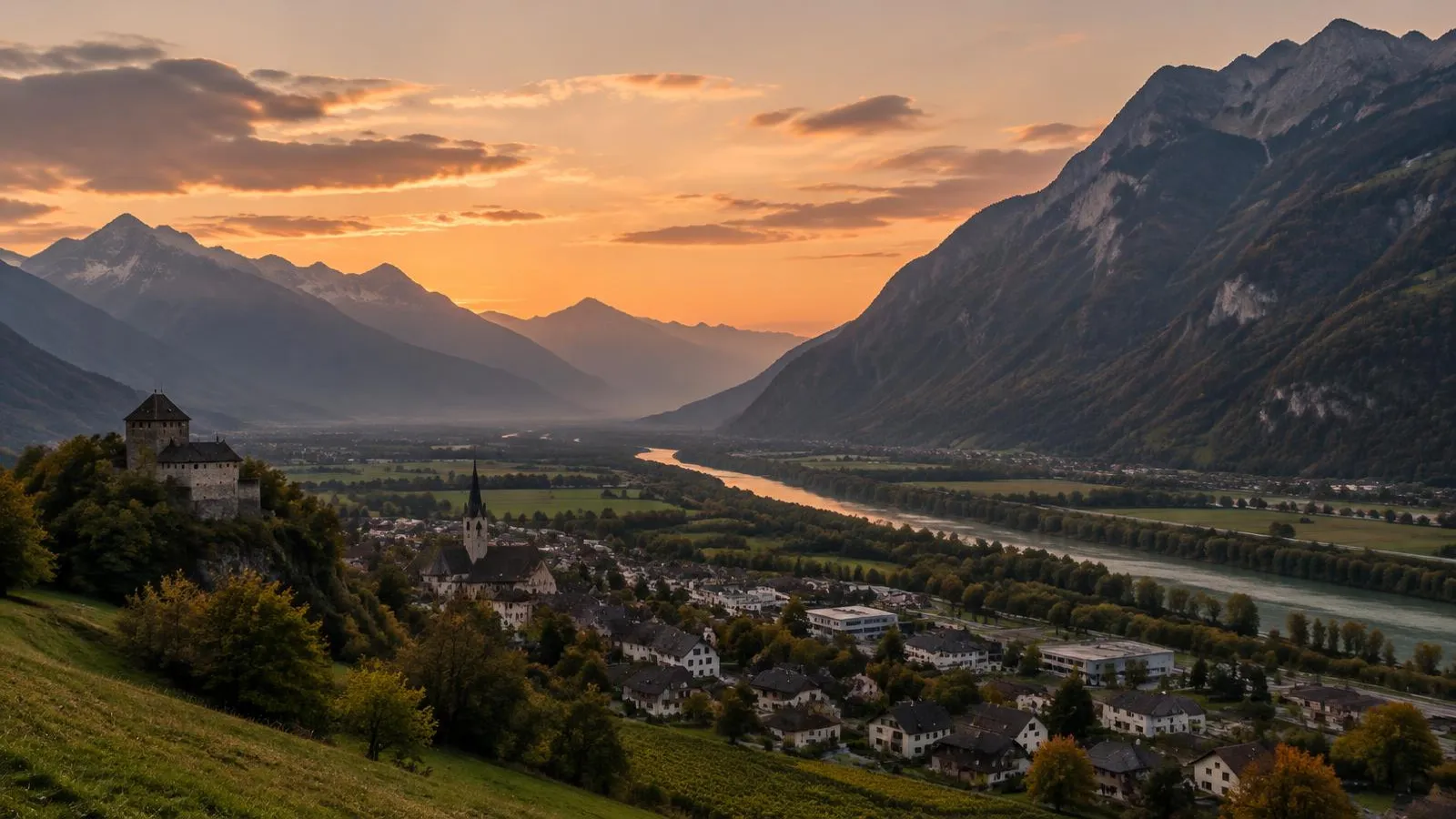 The Rhine valley in Liechtenstein at dusk.