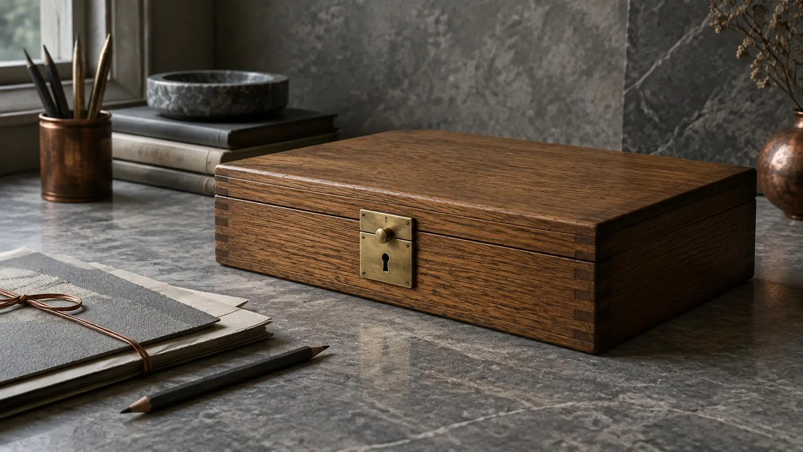 A locked oak document box.