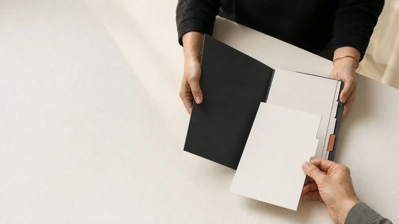 An organised document folder is handed over in person.