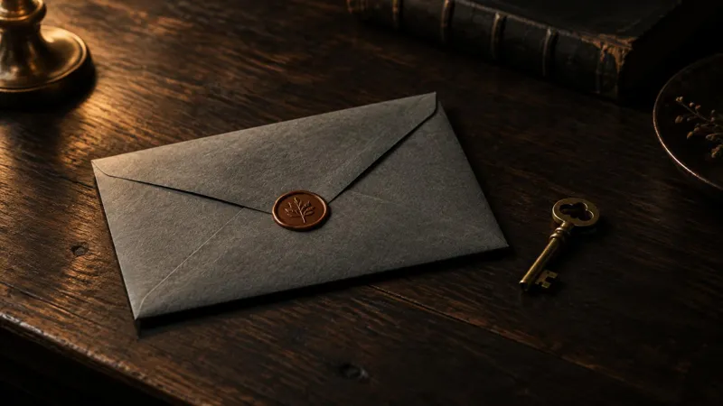 A sealed envelope and a key on a dark wooden table.