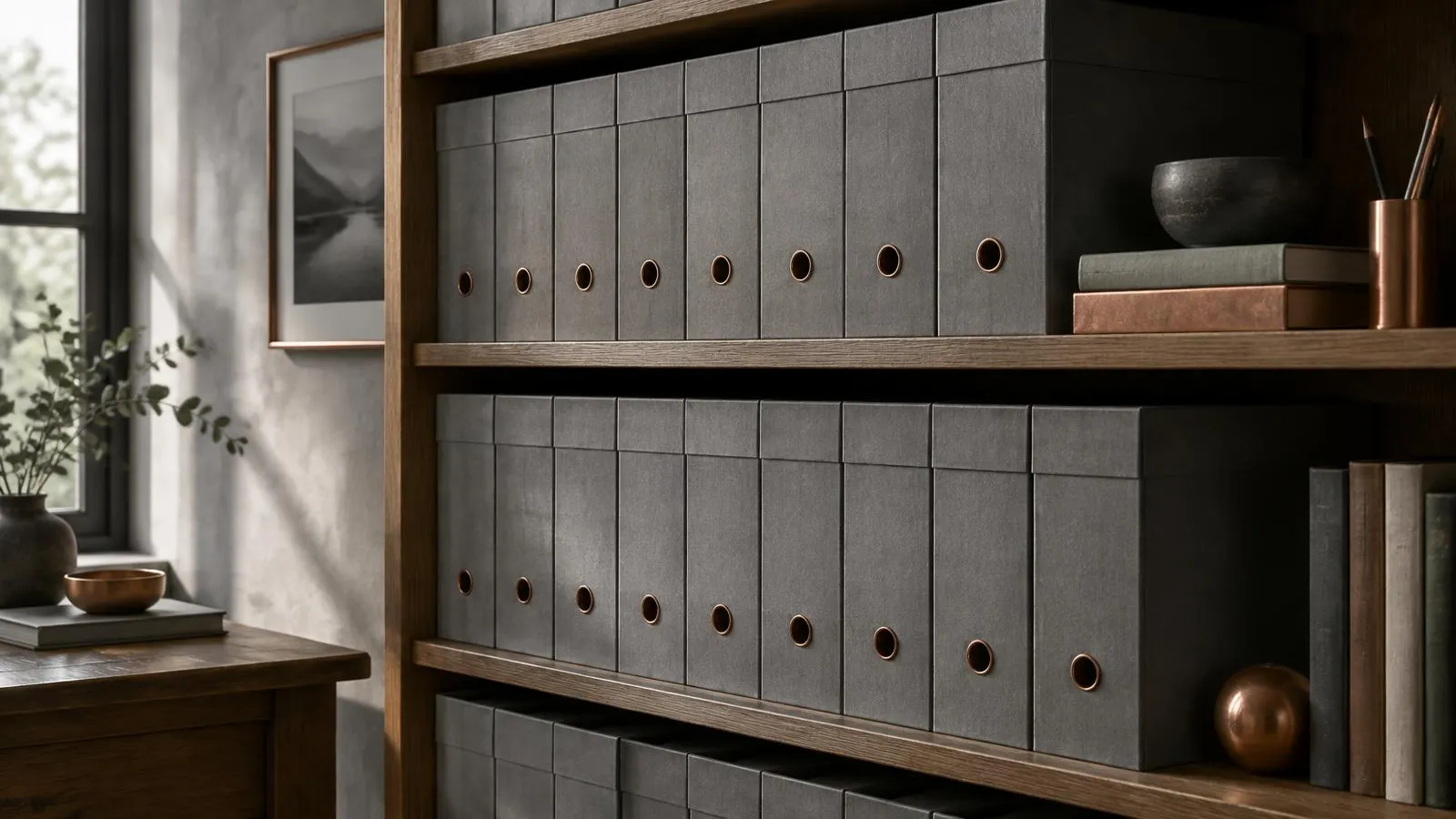 Ordered archive boxes on a wooden shelf.