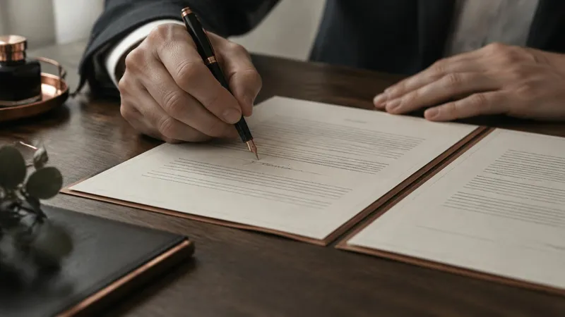 A hand signing a document with a fountain pen.