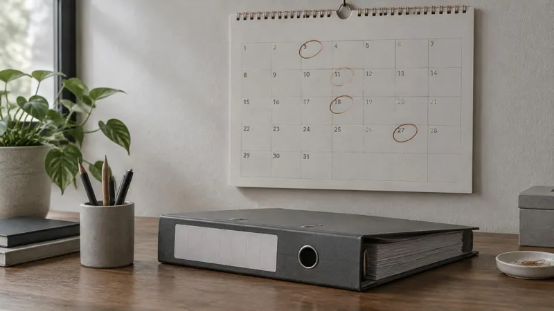 A wall calendar with marked review dates above a binder.